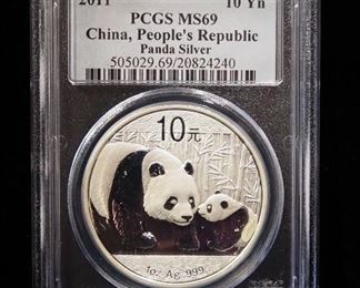 2011 China Panda 10 Yn Silver Coins, Qty 2, Each 1 Ounce .999 Silver, Certified By PCGS, Graded MS 70 And MS 69