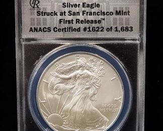 2013 S American Eagle $1 Silver Coin, 1 Ounce Fine Silver, Certified By ANACS, Graded MS 70, In Display Box