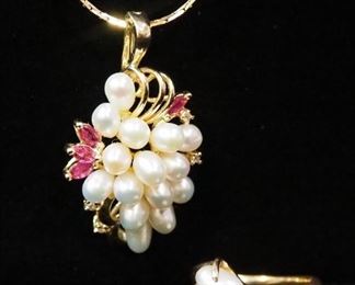 14K Gold Ring And Pendant On Gold Tone Chain, Stones Possibly Diamond, Pearl, And Topaz, Ring Size 5-1/2, Necklace 24" L, Approx 10.89 g Total Weight