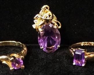 14K Gold Ring, 14K Gold Pendant, And 10K Gold Ring, Stones Possibly Diamond And Amethyst, Ring Sizes 5-3/4 And 6, Approx 7.80 g Total Weight