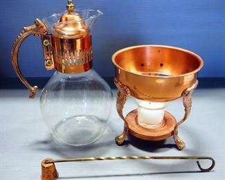 Princess House Corning Glass Vintage Coffee Carafe, Ceramic Coffee/Tea Pot With Insulated Copper Cozy, Vitrified China Mug, And Candle Snuffer