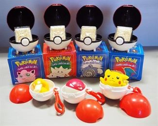 Pokemon 23K Gold Plated Trading Cards In Pokeman Ball Holders, Qty 4, And Pokemon Figurines In Pokemon Balls, Qty 3