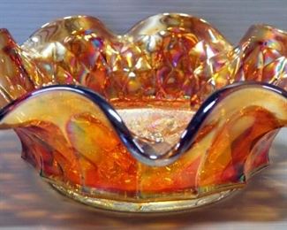 Imperial Marigold Carnival Glass, Qty 3, Includes Heavy Grape Bowl, Hobstar Biscuit Jar, And Hattie Bowl