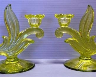 Duncan Miller Chartreuse Canterbury Candle Holders, Qty 2, And Imperial Twisted Optic Double Scroll Candle Holders, Qty 2