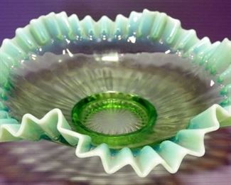 Fostoria Carnival Glass Brocaded Palms Bowl, Jefferson Opalescent Bow Bowl And Depression Glass Plate