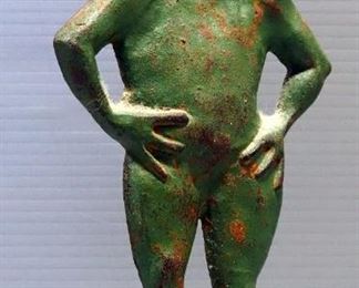 Metal Artwork, Includes Brass Drama Mask, Railroad Tie Guitar Player, Monkey With Shell Bowl, And Cast Iron Frog Door Stop