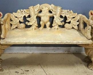 Black Forest Style Bench, 2 Standing Bears Support A Seat With Pierced Back-Rest With Bear And Foliage, 25" H x 48" W x 15" D