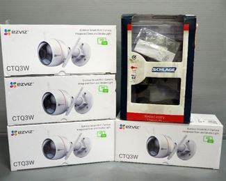 Ezviz CTQ3W Outdoor Smart Wi-Fi Cameras, Qty 4, And Schlage Keyed Entry Lever Handle Door Lock