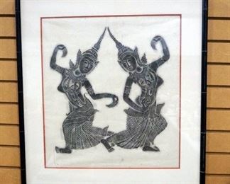 Thai Art Temple Rubbing On Rice Paper, Framed Matted Under Glass, 25" W x 27" H