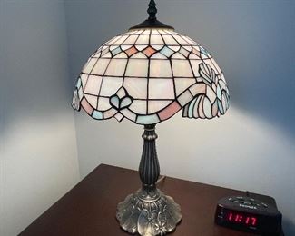 Stained glass lamp (lit), 20"H,  was $125, NOW $115.   alarm clock,  was $7 , NOW $5