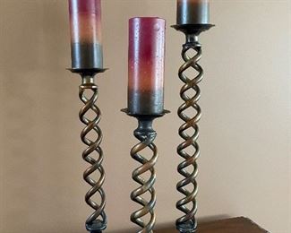 Set of 3 metal candlesticks w/candles, 24"H, 20"H, 17"H, was $35, NOW $25