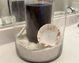 Candle in sand in glass jar, 10"H x 9.5" diameter,  $14