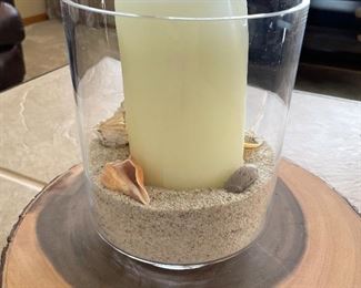 White candle in sand in glass jar, 9"H,  was $14, NOW $10