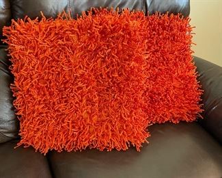 Pair of orange shag pillows, - 2 pairs available - 18" x 18", was $20 each pair, NOW $15 each pair