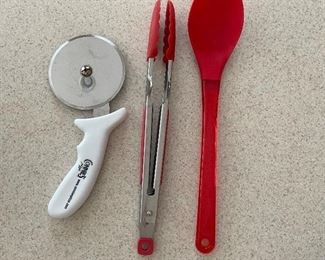 Pizza cutter, red tongs, red spoon,  was $7, NOW $5