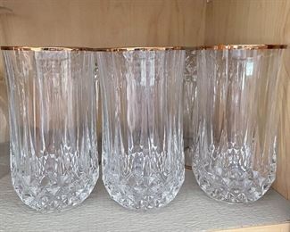 8 gold rimmed drink glasses,  $15
