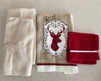 2 cream dish towels, 1 deer dish towel, 1 red wash cloth,  was $6, NOW $4