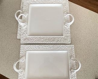 Square American Atelier "Bianca Leaf" platters with handles, 13" x 13", was $10 each, NOW $6 each.  Rectangle American Atelier platter w/handles, 14" x 11",  was $10, NOW $6