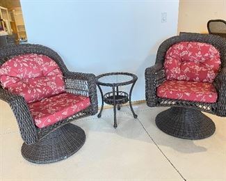 Outdoor swivel chairs w/cushions and table,  was $235, NOW $195