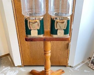 Vintage Double gum ball machine with wooden stand, $75