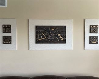 3 piece Aztec art set by Andy Mark, side pieces  - 14" x 24", middle piece -34" x 24",  was$175 , NOW $99