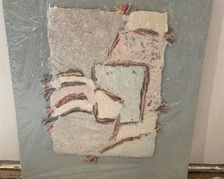 Mark Arches, Handmade paper mixed media collage, abstract blue, 24" x 20",  $65