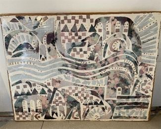 Mark Arches, Handmade paper mixed media collage, inlaid abstract w/ plum, 32" x 25", $75