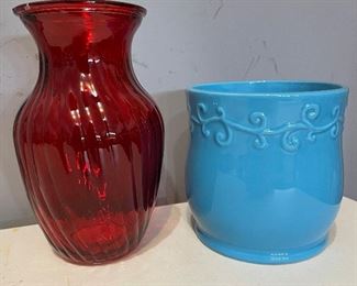 Red vase 8"H, $4.  Blue planter, 5.5"H, $5