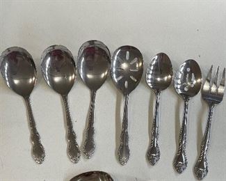 4 silver serving spoons, serated spoons,serving fork, bent spoon,  was $14, NOW $10