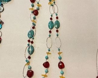 Turquoise, yellow bird, red bead, silver ring necklace, $10