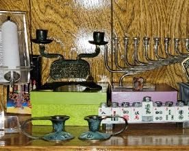 Judaica: Passover Haggadah's, Hanukkiah-Hanukkah Menorahs: Mah Jongg, silver plate, turquoise/brass made in Israel;  note holders; shabbat candle holders; decorative and children's torahs