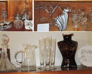 Crystal bar items: decanters, pitcher, Vera Wang Wedgewood martini set, brandy and wine stems