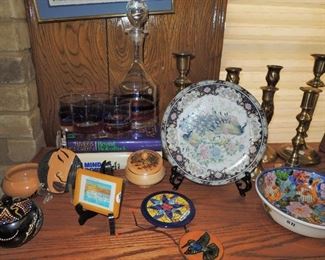 Decanter set, brass candlesticks, ceramic dishes and trinket sets