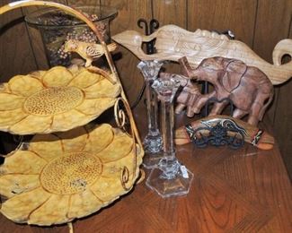 Tidbit tray, candle sticks, carved decor (mermaid, elephants and boomerang)