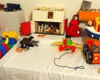 Retro Toys: Tupperware Zoo building toy and Noah's Art, Hot Wheel cars, wood puzzle, wood train, Fisher Price Farm