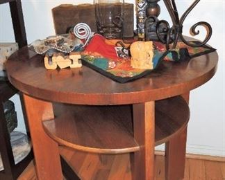 Mid-century side table.  Vases and candle holders