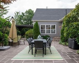 Quatro Outdoor Table & 8 Chairs with 2 small matching tables + Set of Two (2) Frontgate Balencia Chaise Lounges with Arms + 2 Umbrellas + Four Outdoor Chairs + Weber BBQ Grill with Natural Gas Hookup