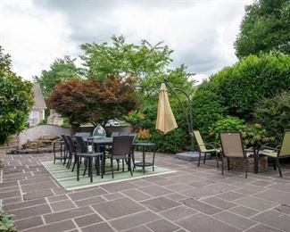 Quatro Outdoor Table & 8 Chairs with 2 small matching tables + Set of Two (2) Frontgate Balencia Chaise Lounges with Arms + 2 Umbrellas + Four Outdoor Chairs + Weber BBQ Grill with Natural Gas Hookup