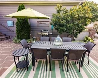 Quatro Outdoor Table & 8 Chairs with 2 small matching tables + Set of Two (2) Frontgate Balencia Chaise Lounges with Arms + 2 Outdoor Umbrellas + Four Outdoor Chairs + Weber BBQ Grill with Natural Gas Hookup