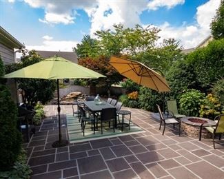 Quatro Outdoor Table & 8 Chairs with 2 small matching tables + Set of Two (2) Frontgate Balencia Chaise Lounges with Arms + 2 Outdoor Umbrellas + Four Outdoor Chairs + Weber BBQ Grill with Natural Gas Hookup