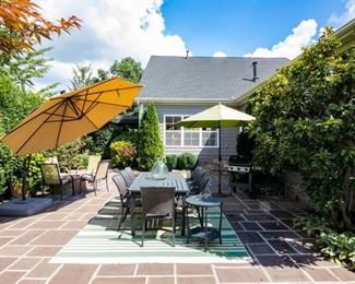 Quatro Outdoor Table & 8 Chairs with 2 small matching tables + Set of Two (2) Frontgate Balencia Chaise Lounges with Arms + 2 Outdoor Umbrellas + Four Outdoor Chairs + Weber BBQ Grill with Natural Gas Hookup