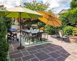 Quatro Outdoor Table & 8 Chairs with 2 small matching tables + Set of Two (2) Frontgate Balencia Chaise Lounges with Arms + 2 Outdoor Umbrellas + Four Outdoor Chairs + Weber BBQ Grill with Natural Gas Hookup