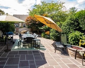 Quatro Outdoor Table & 8 Chairs with 2 small matching tables + Set of Two (2) Frontgate Balencia Chaise Lounges with Arms + 2 Outdoor Umbrellas + Four Outdoor Chairs + Weber BBQ Grill with Natural Gas Hookup