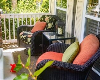 Set of Two (2) Summer Classic: Classic Wicker Collection — Swivel Wicker Chairs + Small Table