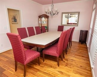 Dining Room Table L76" - 112" x W46" x H30" with Two (2) 22' Leafs Table Pads & 10 Swaim Contemporary Collections Chairs W21 x D26" x H42, High Point, NC
