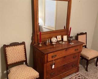 Lower level bedroom pair Victorian side chairs, antique oak dresser with mirror
