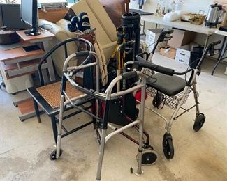 2 folding walkers, vintage golf bag and clubs, additional golf bag with rolling carrier (no clubs)