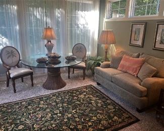 Bamboo table base with thick 60" diameter glass top