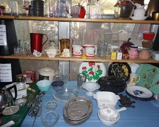 Aluminum pitchers, Pyrex Bowl, tea kettle, bake ware