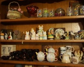 Tea pots, Disney glasses, Avon Cape Cod, Music box, mugs, sugar and creamer